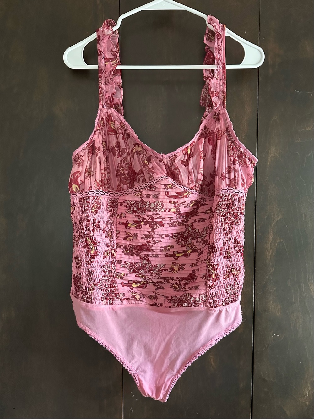 Free People Pink Floral Lace-Trim Smocked Bodysuit